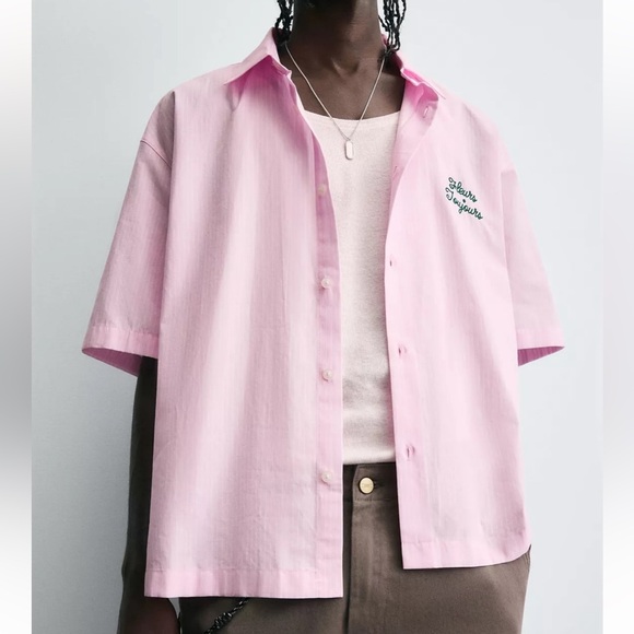 *NEW* ZARA PINK STRIPED FLEUR TOUJOURS BUTTON DOWN SHIRT XL - Picture 2 of 8